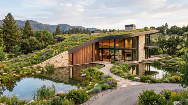 Sustainable Living Green Roof Modern Villa with Natural Pond and Meadow Garden