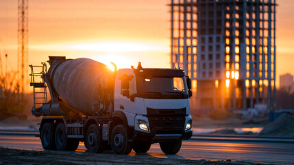 Naklejka premium Concrete mixer truck parked beside half-built skyscraper frame at sunset, dramatic silhouette, urban development concept