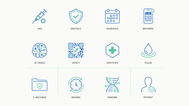 Futuristic digital immunization and vaccination icons &ndash; Suitable for smart health cards, mobile medical tracking, or clinic portals.