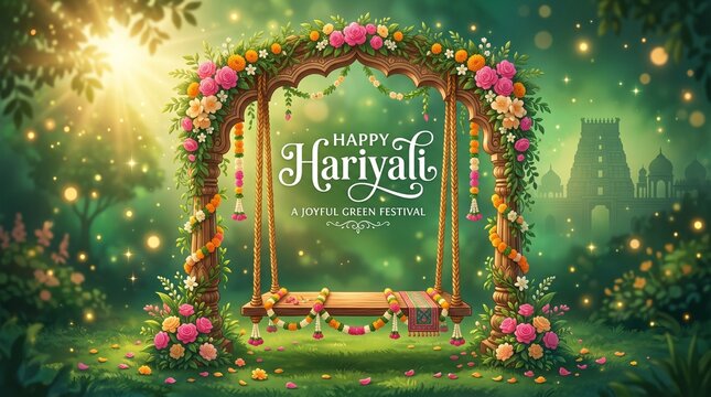 Happy Hariyali Teej Festival Greeting Card Vector with Decorated Floral Swing, Traditional Jhula Background for Sawan Month Celebration