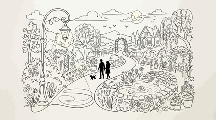 Obraz premium A couple walking their dog along a garden path in a peaceful outdoor setting.
