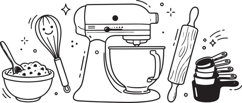 Hand drawn baking tools set with stand mixer whisk rolling pin and measuring cups in doodle style