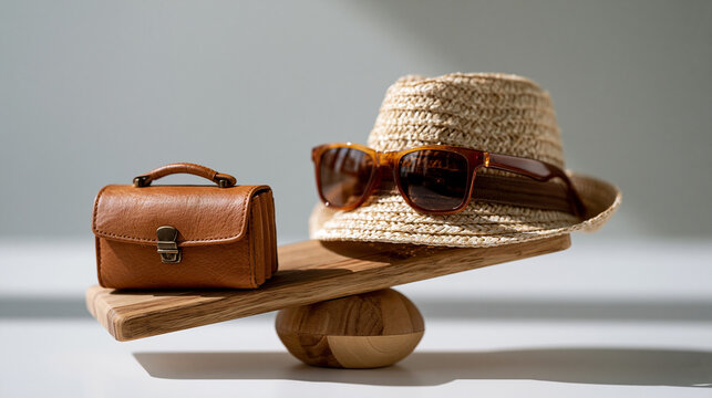 Professional commercial photograph, one image from a large professional stock photo series of work-to-retirement transitions, featuring a small wooden seesaw balance scale on a cle