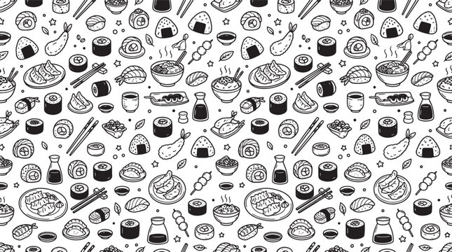 Seamless pattern of hand drawn Japanese food icons including sushi rolls ramen dumplings and rice balls vector