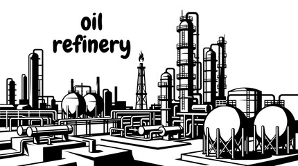 Obraz premium oil refinery facilities featuring distillation towers storage tanks pipelines flare stacks processing units control buildings industrial equipment and energy infrastructure set for engineering