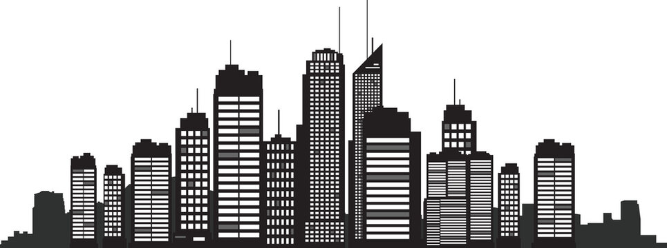 Modern city skyline illustration featuring various highrise buildings with transparent background for versatile design use transparent background