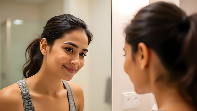 Happy young woman looking at her reflection in the mirror and smiling, morning routine and selfcare concept