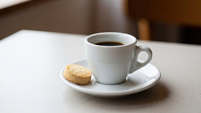 White cup of black coffee with a small cookie.