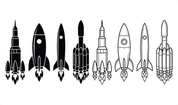 Various rocket silhouettes in a row with exhaust flames during launch Vector Illustration