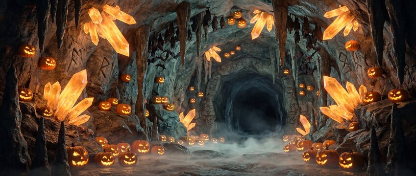 Spooky halloween cave interior with glowing jackolanterns and crystals