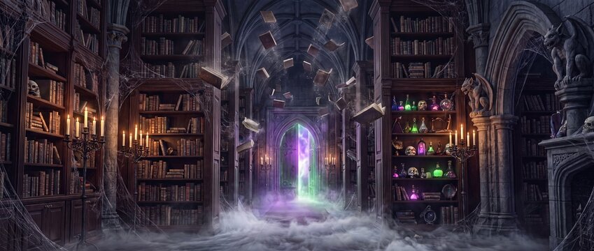 Enchanted gothic library with floating books and magical portal