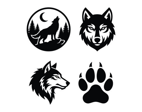 Wolf head and howling silhouette vector set, black and white animal mascot logos, 4 wild wolf icons with paw print and forest moon scene