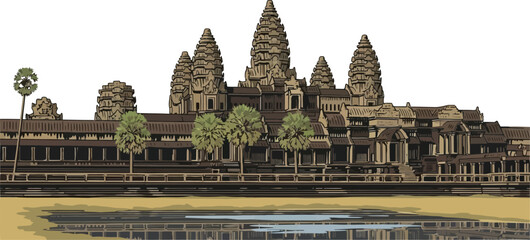 Fototapeta premium Angkor Wat Temple Cambodia Landmark Illustration, Ancient Architecture, Reflection in Water