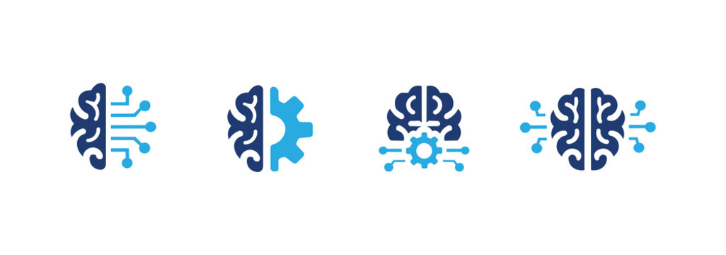 Artificial intelligence icon set. Contains icons for artificial intelligence, deep learning, superintelligence, and brain. Solid icon illustration pack.