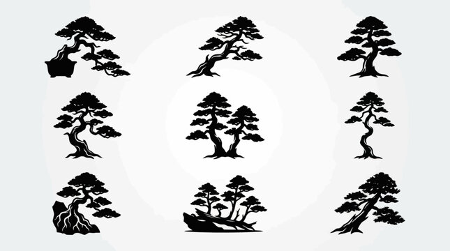 Collection of silhouette bonsai trees