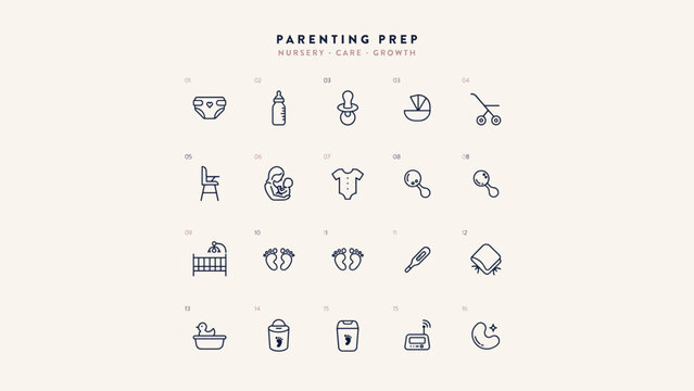 Parenting preparation and nursery outline icons - Suitable for baby shower materials, parenting blogs, or nursery brands.