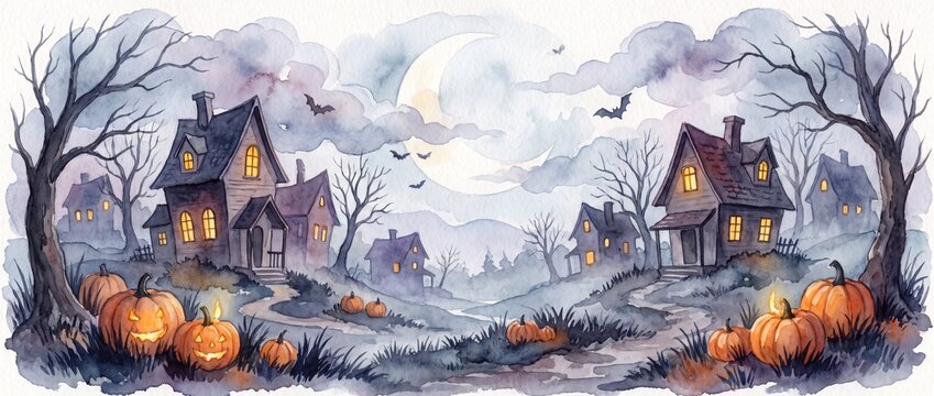 Watercolor illustration of a spooky halloween village with pumpkins at night