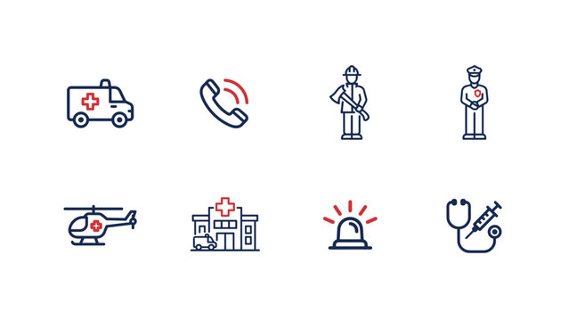Emergency room and civic rescue flat icons - Suitable for safety publications, health clinic websites, or emergency service apps.