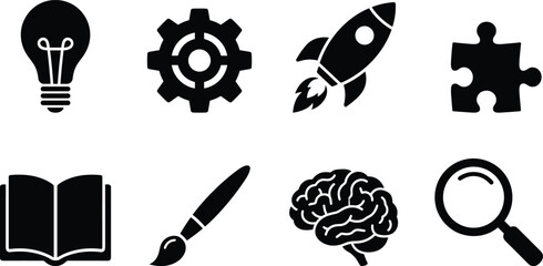Creative thinking, innovation, and startup vector icons set featuring lightbulb gear rocket puzzle piece open book paintbrush brain and magnifying glass © Shariful
