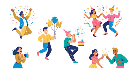 Fototapeta premium Feliz aniversario vector colorful character set. Happy people dancing, jumping with confetti, holding balloon, and toasting champagne for birthday celebration.