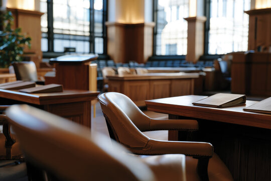 A beautifully designed courtroom featuring polished wooden furniture, a podium, and ample natural light streaming through large windows, creating an impressive atmosphere.