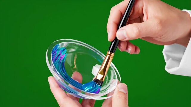 Hand in lab coat mixing blue liquid in glass bowl with brush on green screen background