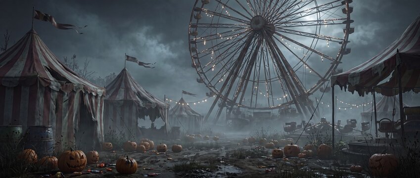 Eerie abandoned carnival at night with glowing pumpkins and ferris wheel