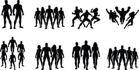 Superhero team silhouette collection featuring group of comic book heroes standing together, flying, and posing in powerful fighter stances. © Shariful