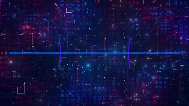 Data scanning line moves across a dark technological grid with glowing blue particles and abstract digital geometry.
