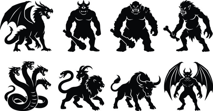 Mythological Monsters and Fantasy Creatures Black Silhouette Icon Set Featuring Dragon Hydra Cyclops Ogre Minotaur and Demon Characters