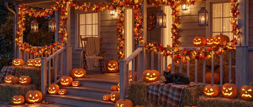 Cozy halloween porch decorated with jackolanterns and autumn leaves