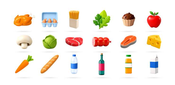 Collection of 3D food and drink icons. Set of various grocery elements, fresh ingredients, snack and beverage symbols. Digital illustration design for store, restaurant and app menu.