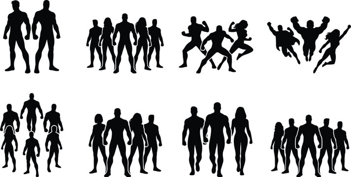 Superhero team silhouette collection featuring group of comic book heroes standing together, flying, and posing in powerful fighter stances.