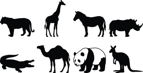 Wild animals vector silhouettes set featuring tiger giraffe zebra rhinoceros alligator camel giant panda and kangaroo © Shariful