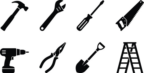 Work tools, construction equipment, and home improvement vector icons set featuring claw hammer adjustable wrench screwdriver hand saw cordless drill pliers shovel and stepladder © Shariful
