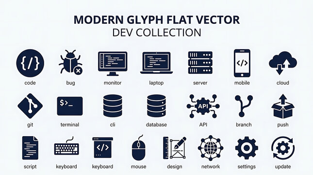 Software Development Programming and Web Coding Solid Glyph Vector Icons