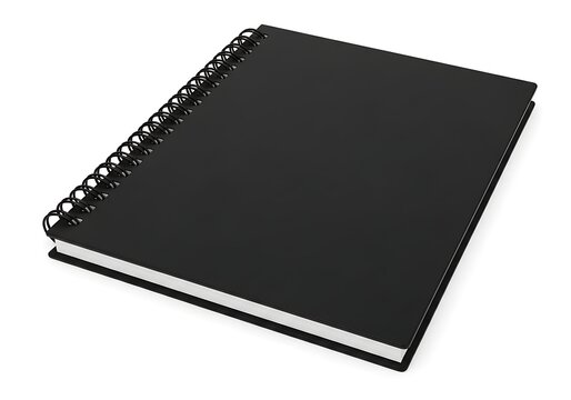 A black spiral bound notebook on a white background