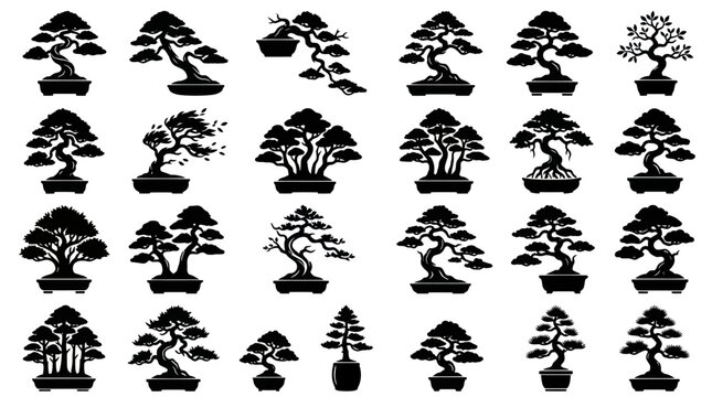 Collection of stylized silhouette bonsai trees