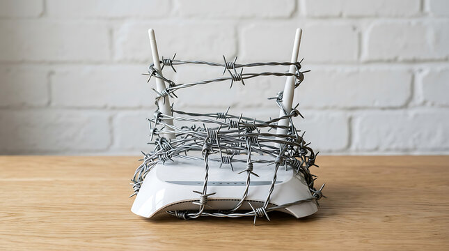 White router wrapped in barbed wire symbolizing cyber security, internet censorship and protection
