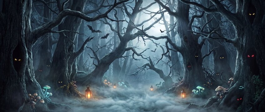 Spooky dark forest at night with glowing eyes and lanterns in the fog