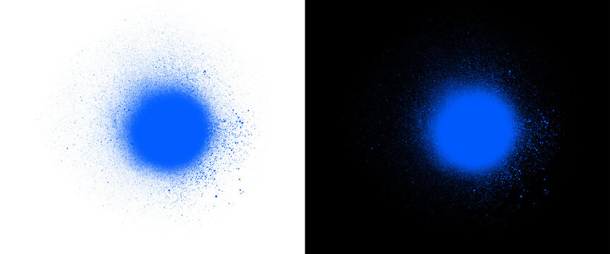 Blue spray paint texture on white and black backgrounds, vibrant cobalt aerosol splatter effect, urban graffiti paint drip element for graphic design