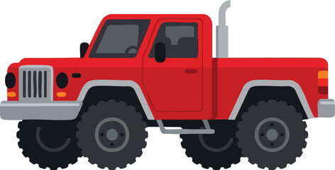 Obraz premium A bright red pickup vehicle featuring oversized heavy tires and a tall exhaust pipe for rugged terrain driving performance in transportation cargo work and extreme outdoor adventure travel