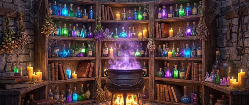 Mystical witchs alchemy laboratory with glowing potions and magic cauldron