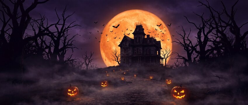 Spooky haunted house with glowing pumpkins under a large full moon