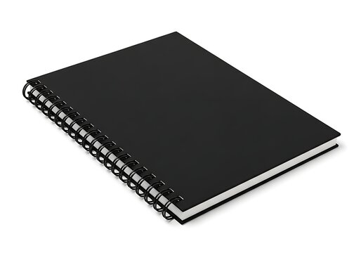 A black spiral bound notebook on a white background