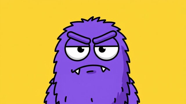 Cute Purple Fuzzy Cartoon Monster Animated with Various Expressions in Flat 2D Toon Shaded Style