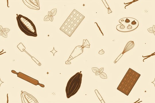 Seamless pattern with chocolate making tools, cocoa pods, vanilla beans, mint leaves, whisk, rolling pin, and pastry bag on beige background
