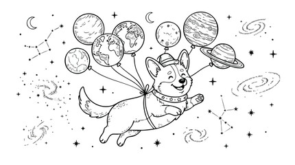 Cute Corgi Floating with Planet Balloons in Outer Space Hand Drawn Illustration © pratama