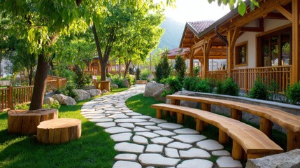 Obraz premium A peaceful garden path lined with natural stone, wooden benches, and lush greenery under sunlight
