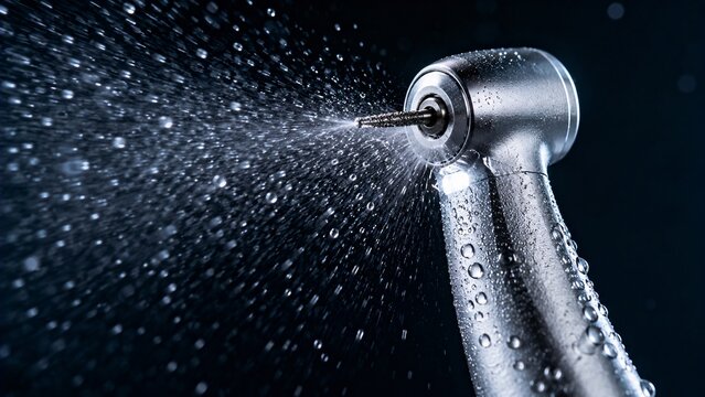 Macro shot of a high-speed dental drill spraying a fine mist of water